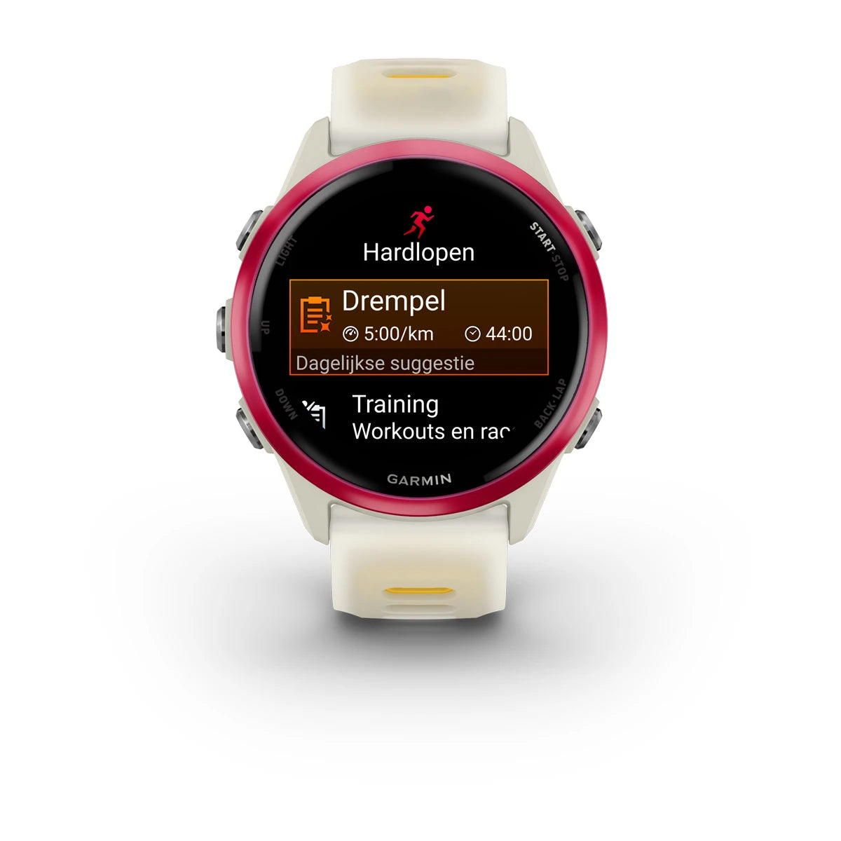 Garmin Forerunner 570 (42mm) Raspberry aluminium met transparante bone/mango band - Premium smartwatch voor hardlopen met AMOLED-scherm