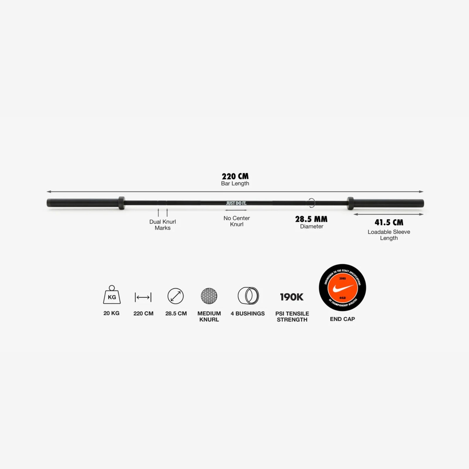 Nike Strength Coated Premium Barbell - 20 kg / Zwart "Just Do It"
