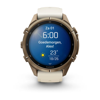 Garmin fēnix® 9 Pro (43 mm) - Autumn Gold Titanium met siliconen band in Crème/French Gray