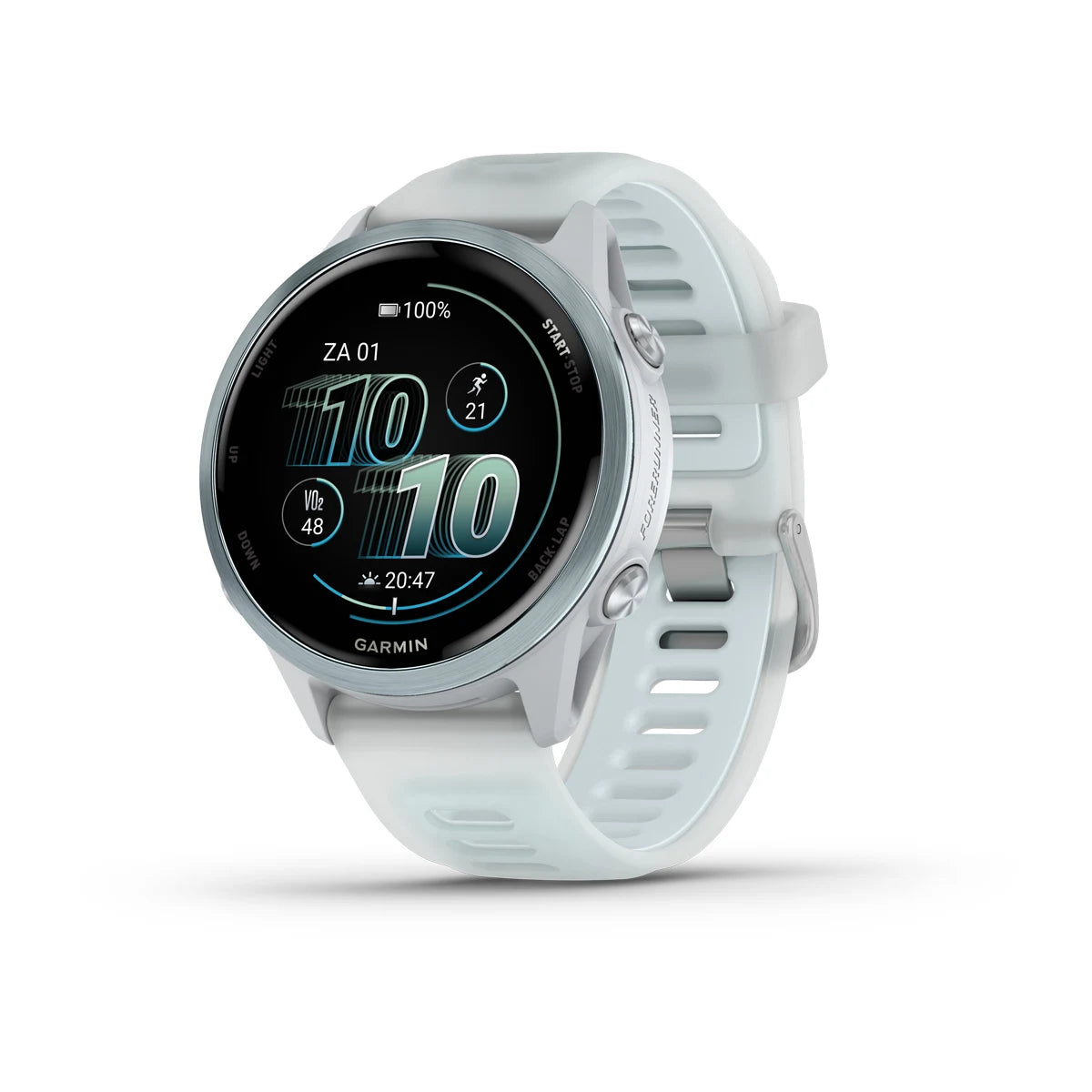 Garmin Forerunner 570 (42mm) Cloud blue aluminium met transparante whitestone/cloud blue band - Premium smartwatch voor hardlopen met AMOLED-scherm