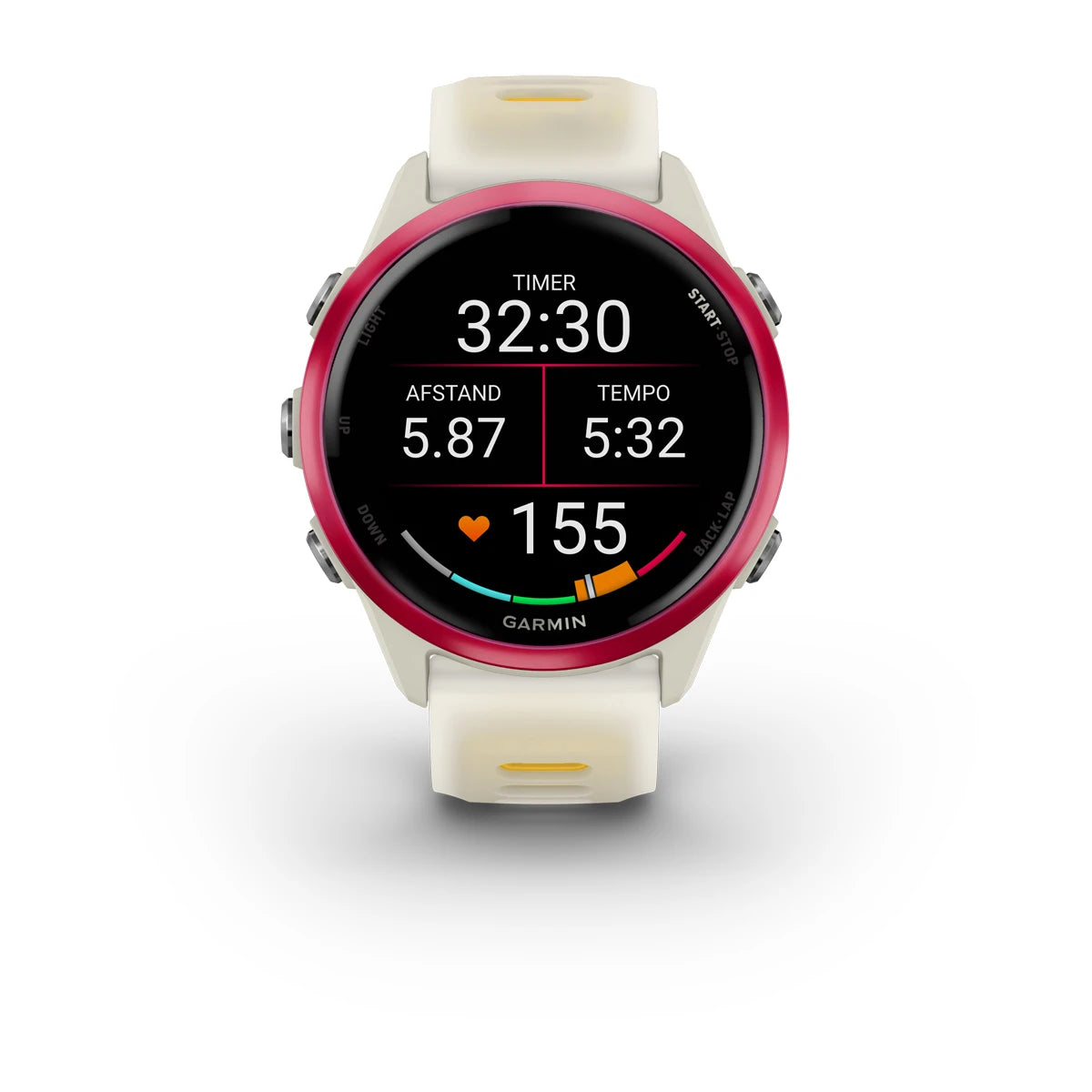 Garmin Forerunner 570 (42mm) Raspberry aluminium met transparante bone/mango band - Premium smartwatch voor hardlopen met AMOLED-scherm