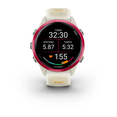 Garmin Forerunner 570 (42mm) aluminium framboise avec bracelet transparent bone/mango - Montre connectée premium pour la course à pied avec écran AMOLED