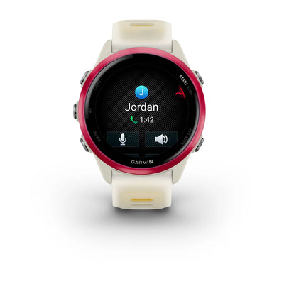 Garmin Forerunner 570 (42mm) aluminium framboise avec bracelet transparent bone/mango - Montre connectée premium pour la course à pied avec écran AMOLED