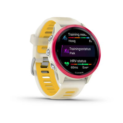 Garmin Forerunner 570 (42mm) aluminium framboise avec bracelet transparent bone/mango - Montre connectée premium pour la course à pied avec écran AMOLED
