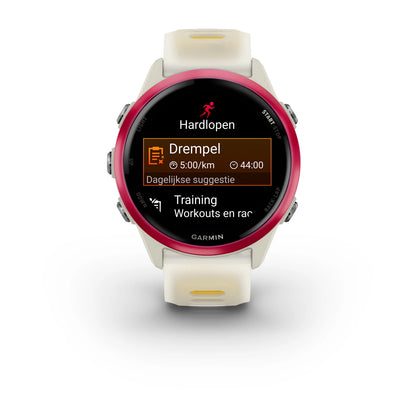 Garmin Forerunner 570 (42mm) Raspberry aluminium met transparante bone/mango band - Premium smartwatch voor hardlopen met AMOLED-scherm