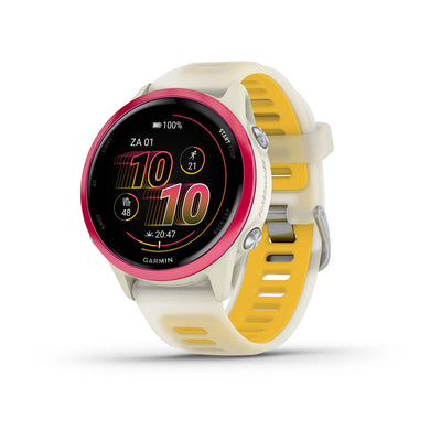 Garmin Forerunner 570 (42mm) aluminium framboise avec bracelet transparent bone/mango - Montre connectée premium pour la course à pied avec écran AMOLED