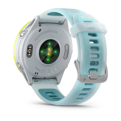 Garmin Forerunner 570 (47 mm) en aluminium jaune Amp avec bracelet whitestone/turquoise - Montre connectée haut de gamme pour la course à pied avec écran AMOLED