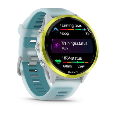 Garmin Forerunner 570 (47 mm) en aluminium jaune Amp avec bracelet whitestone/turquoise - Montre connectée haut de gamme pour la course à pied avec écran AMOLED