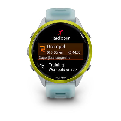 Garmin Forerunner 570 (47 mm) en aluminium jaune Amp avec bracelet whitestone/turquoise - Montre connectée haut de gamme pour la course à pied avec écran AMOLED