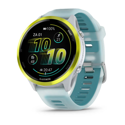 Garmin Forerunner 570 (47 mm) en aluminium jaune Amp avec bracelet whitestone/turquoise - Montre connectée haut de gamme pour la course à pied avec écran AMOLED